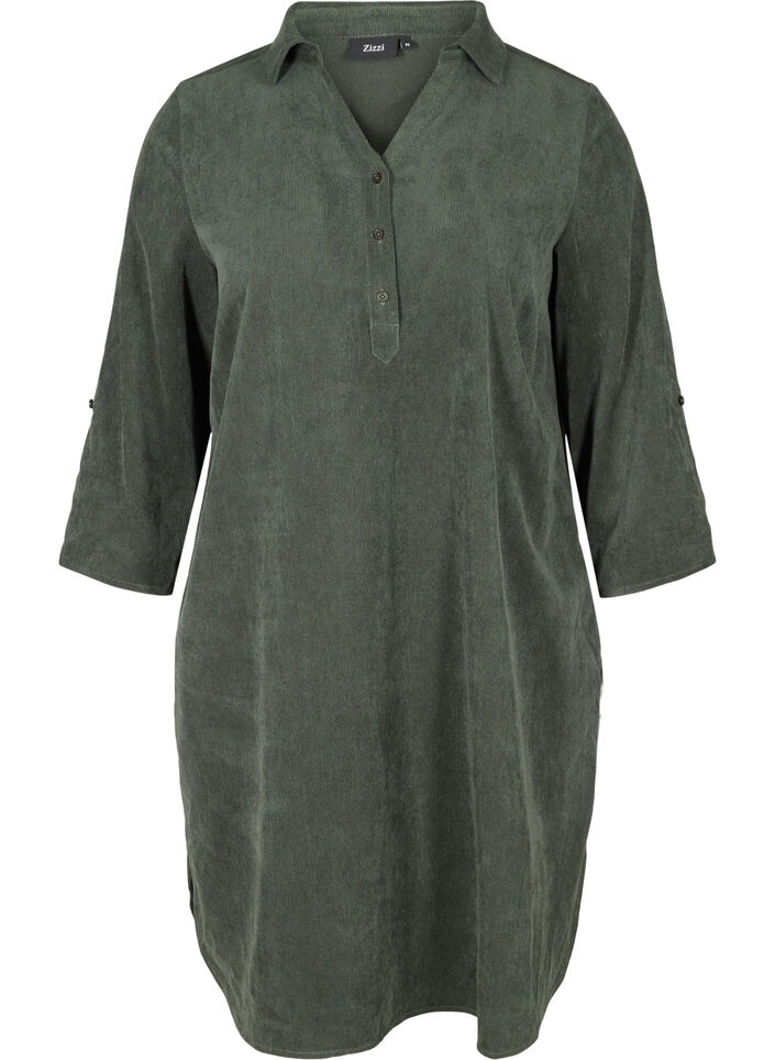 Velvet dress with 3/4-length sleeves and buttons, Deep Forest, Packshot image number 0