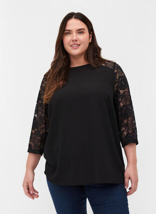 Lace blouse with 3/4 sleeves, Black, Model image number 0