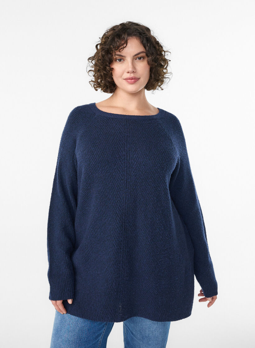 Knitted jumper with a diagonal pattern and raglan sleeves, Blue, Model image number 0