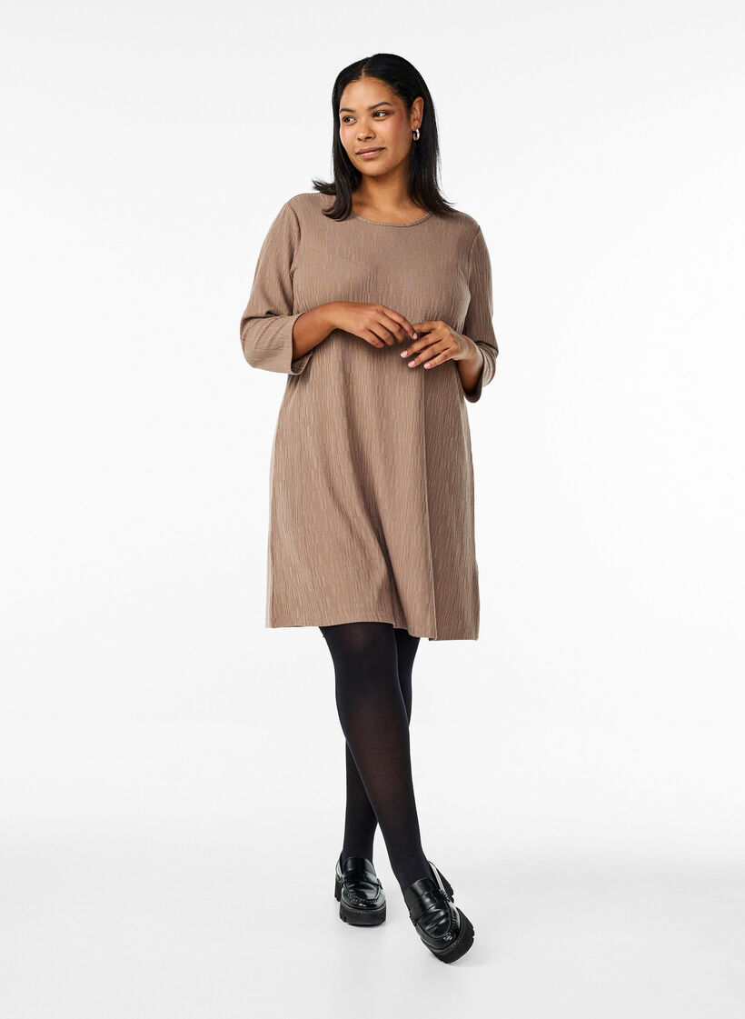 Dress with texture and 3/4 sleeves, Brown, Model image number 1