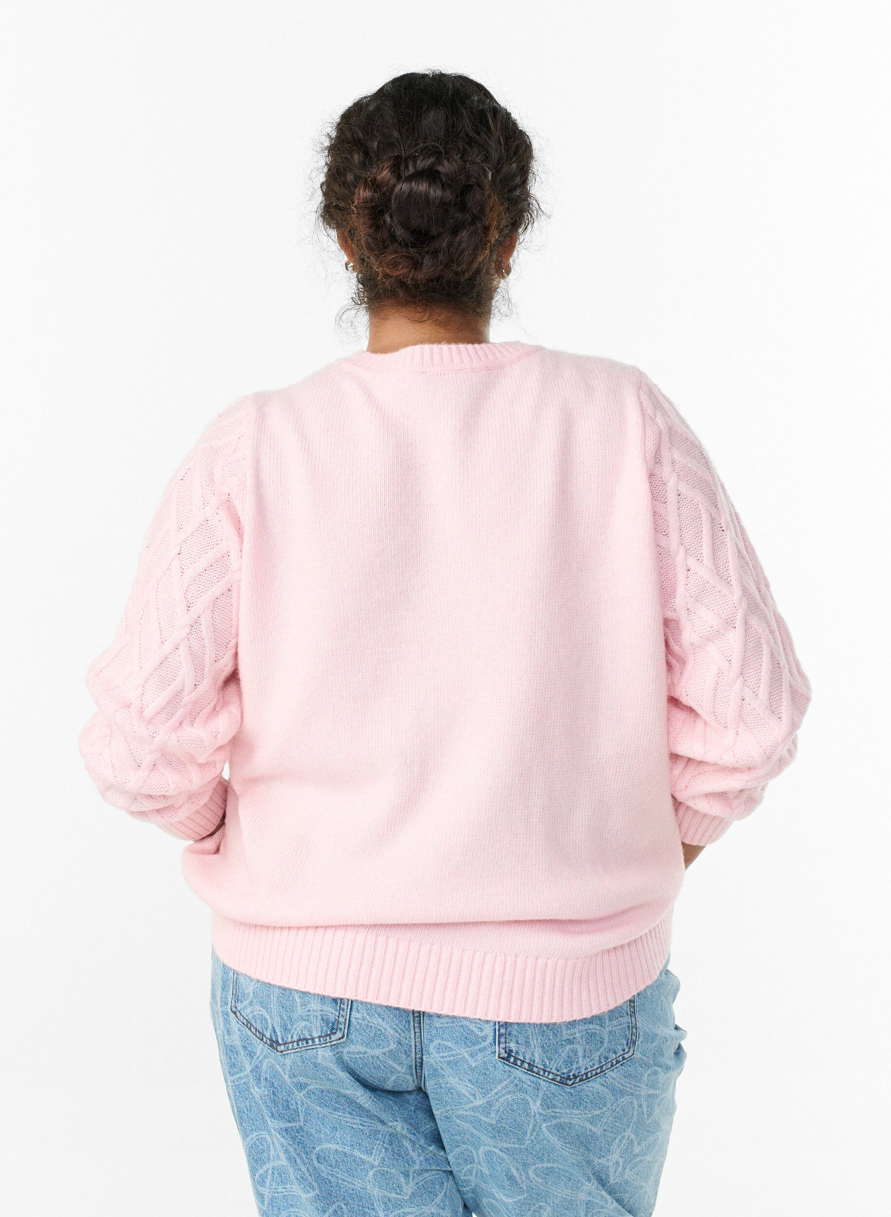 Zizzifashion Knit blouse with cable pattern and round neck, Rose, Model image number 2