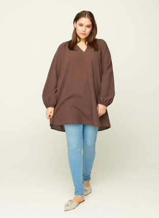 Short cotton tunic with a V-neck, Brown, Model image number 2