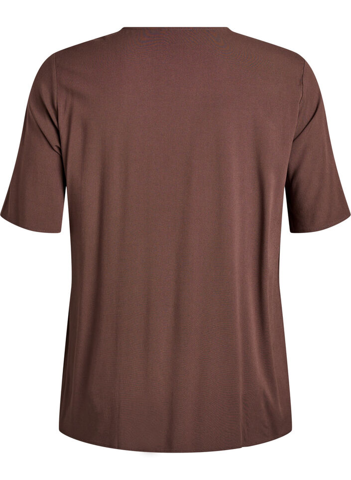 Short-sleeved woven blouse with round neck, Brown, Packshot image number 1