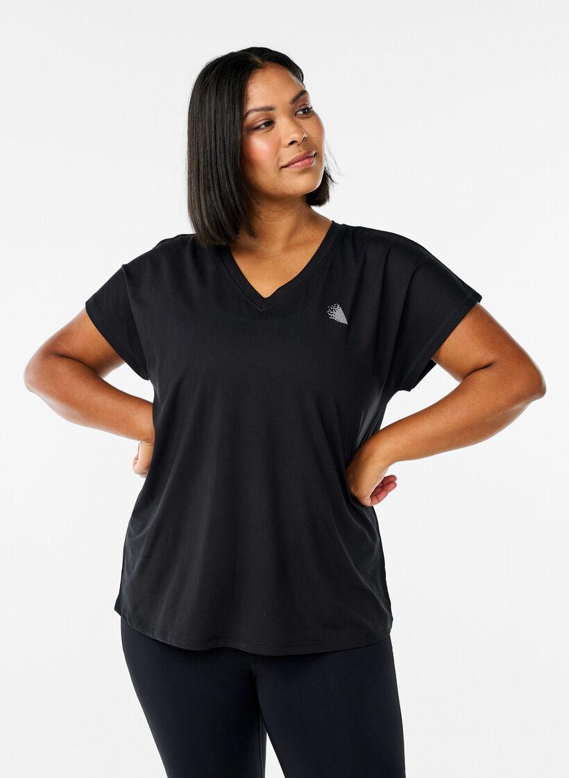 Loose training t-shirt with v-neck, Black, Model image number 0