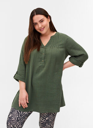 Cotton tunic with 3/4-length sleeves, Thyme, Model image number 0