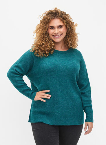 Melange sweater with round neck	, Deep Lake Mel., Model image number 0