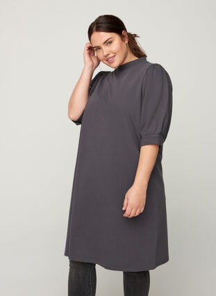 Cotton dress with short puff sleeves, Asphalt ASS, Model image number 0