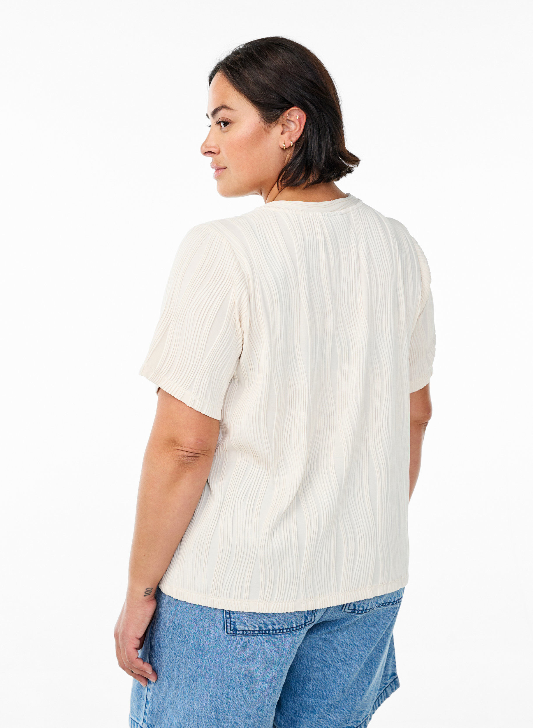 Zizzifashion Blouse with short sleeves and a wavy texture, Beige, Model image number 2