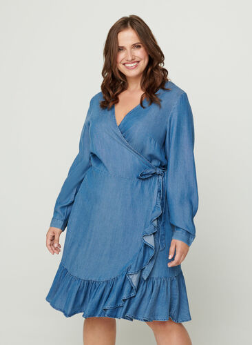 Short, lyocell wrap dress, Mid blue denim, Model image number 0