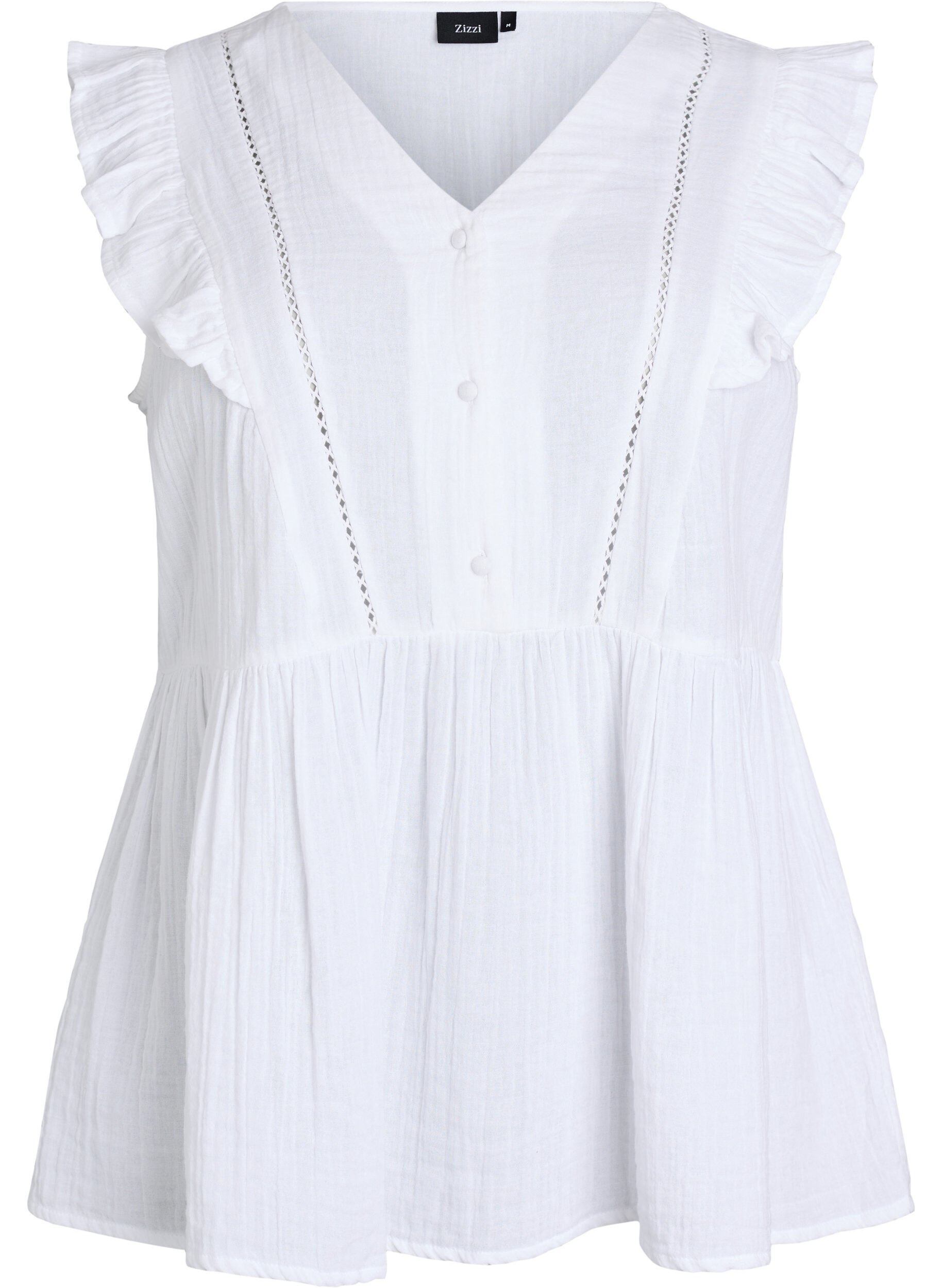 Zizzifashion Sleeveless cotton muslin blouse with ruffles, White, Packshot image number 0