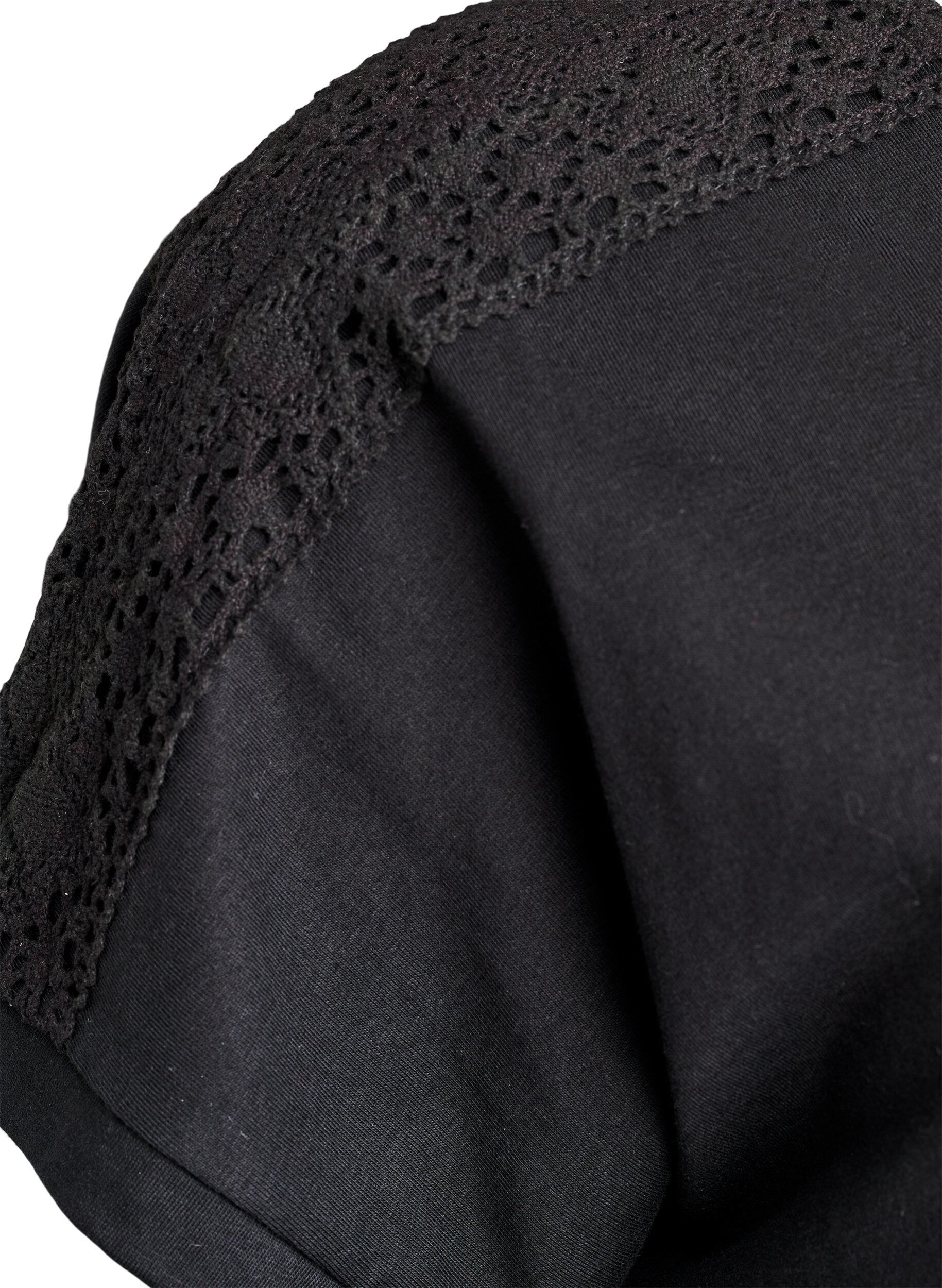 Zizzifashion Cotton T-shirt with crochet detail, Black, Packshot image number 2