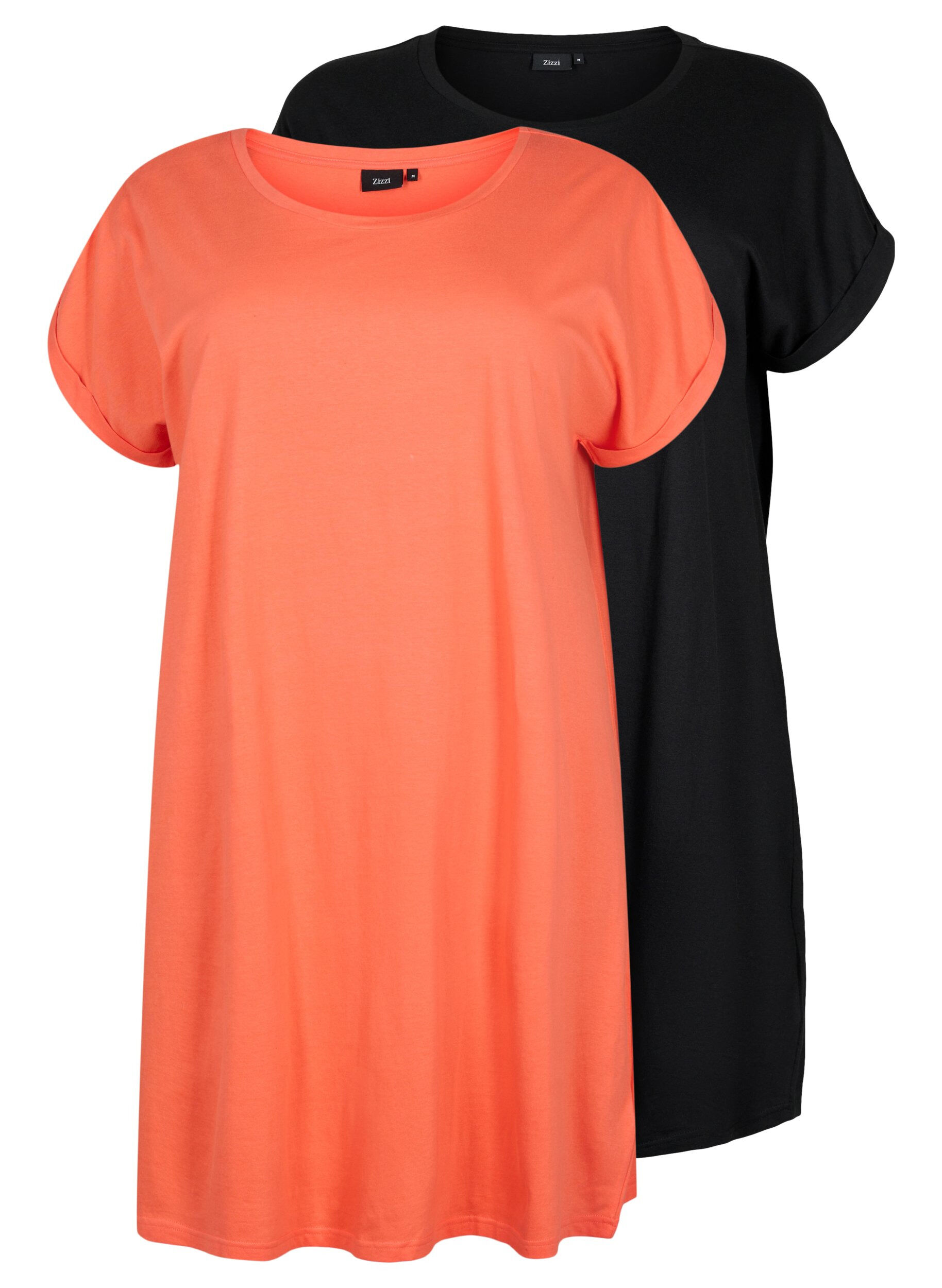 Zizzifashion 2-pack cotton dress with short sleeves, Living Coral / Black, Packshot image number 0