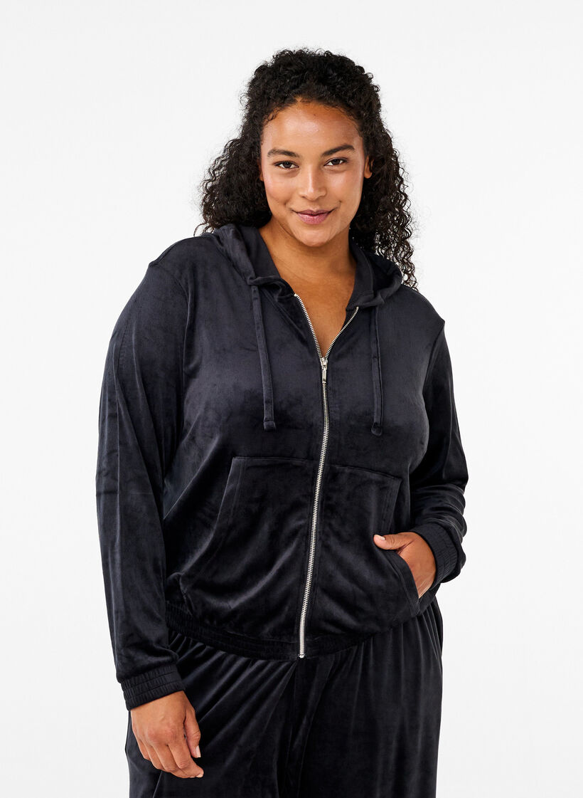 Velour cardigan with hood, Black, Model image number 0