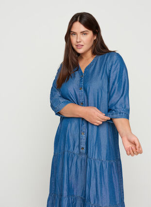 Midi dress with buttons and 3/4 sleeves, Blue denim, Model image number 2
