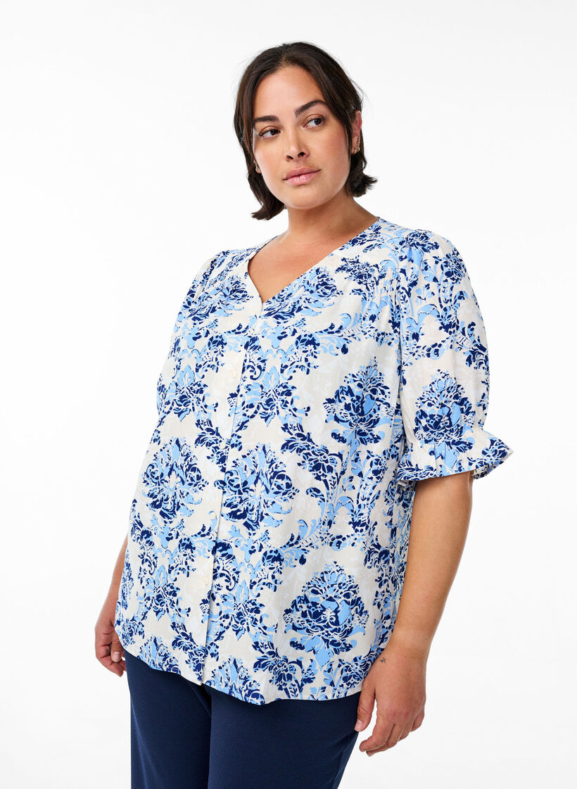 Shirt blouse with 1/2 sleeves, Beige, Model image number 0