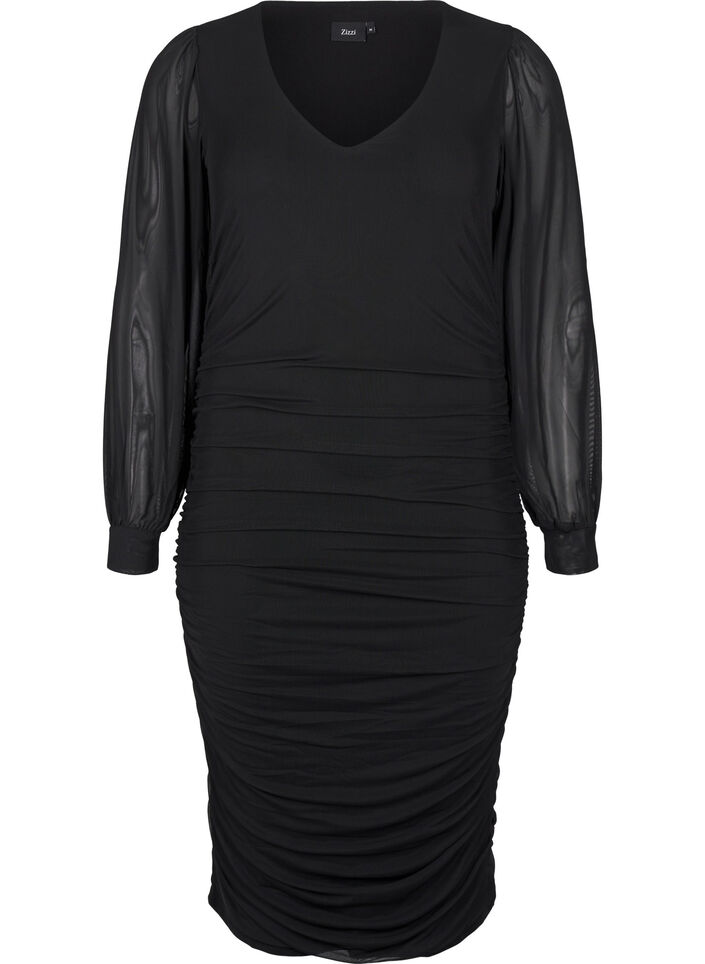 Midi mesh dress with drapes, Black, Packshot image number 0