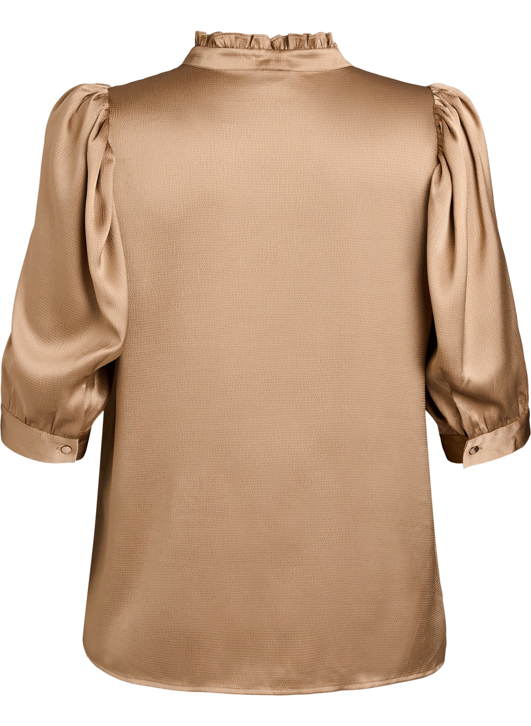 Zizzifashion Satin-look blouse with 1/2 sleeves and a ruffle collar, Brown, Packshot image number 1