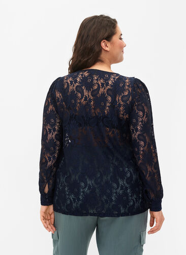 Lace top with frill detail, Navy, Model image number 1