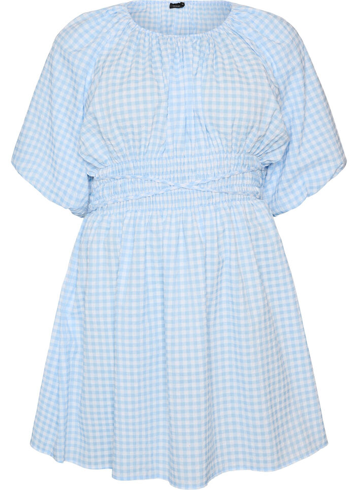 Short small check dress with balloon sleeves, Light Blue, Packshot image number 0