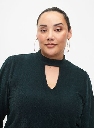 Long-sleeved glitter blouse with round neck and V-detail, Black Scarab, Model image number 2