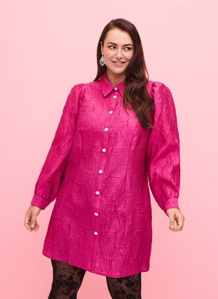 Shirt dress with texture and pearl buttons, Cactus Flower, Model image number 0