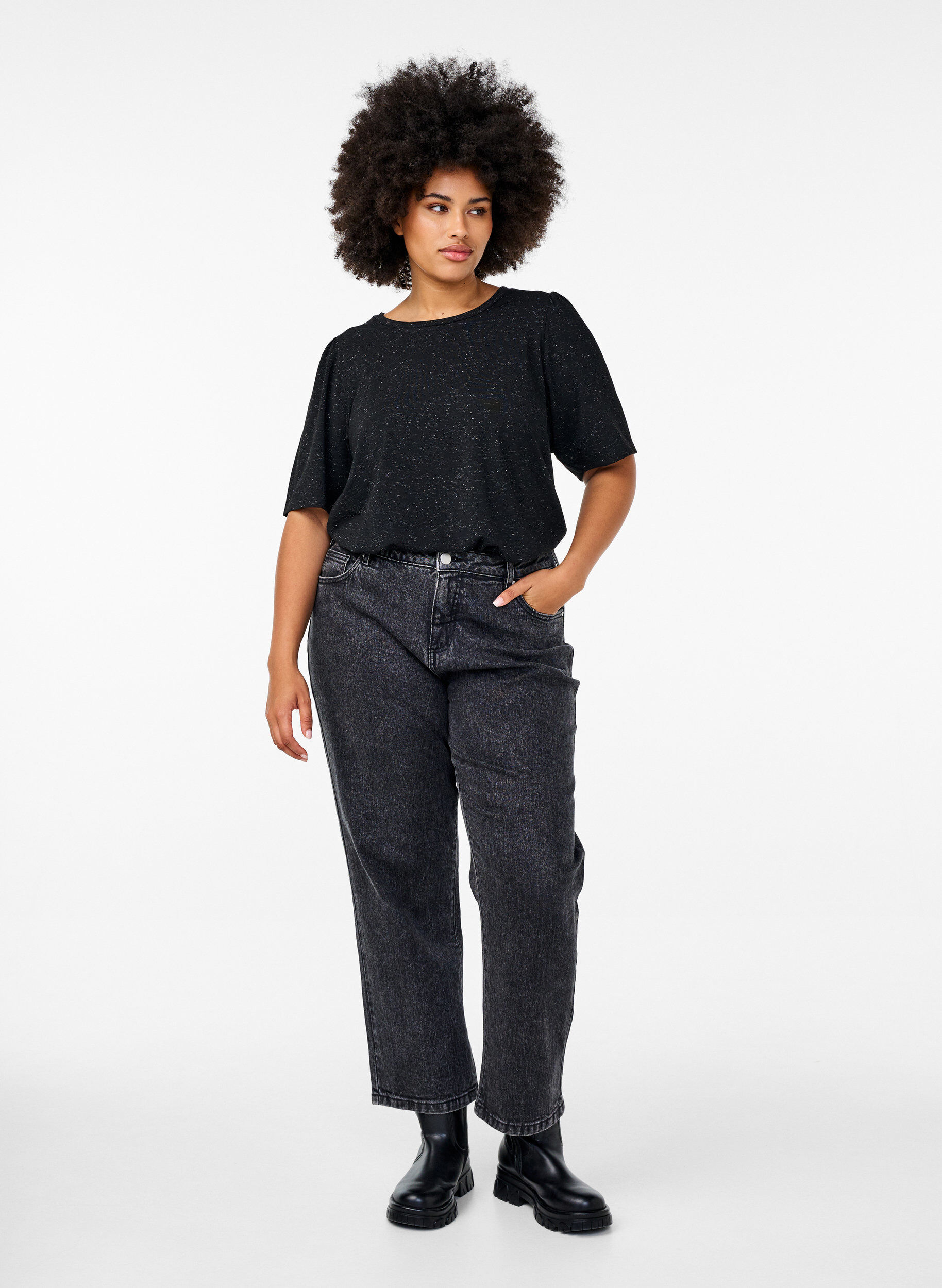 Zizzifashion T-shirt with glitter and short puff sleeves, Black, Model image number 1