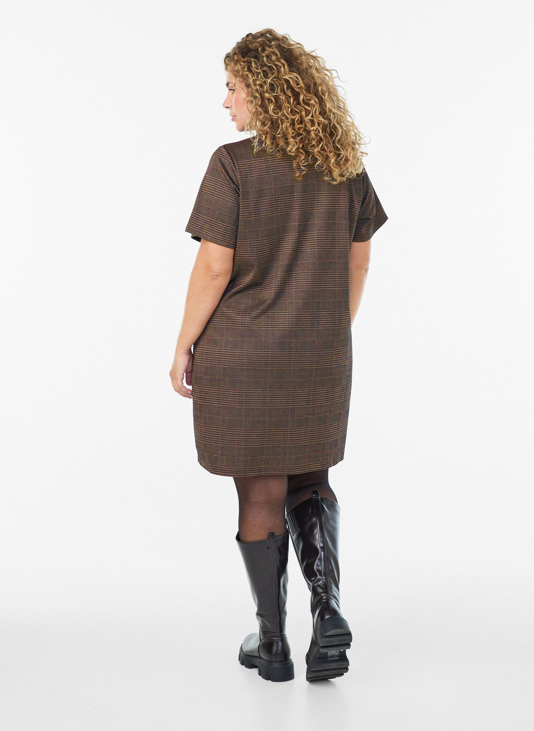 ZizzifashionShort checked dress with a shirt collar, Brown, Model image number 2