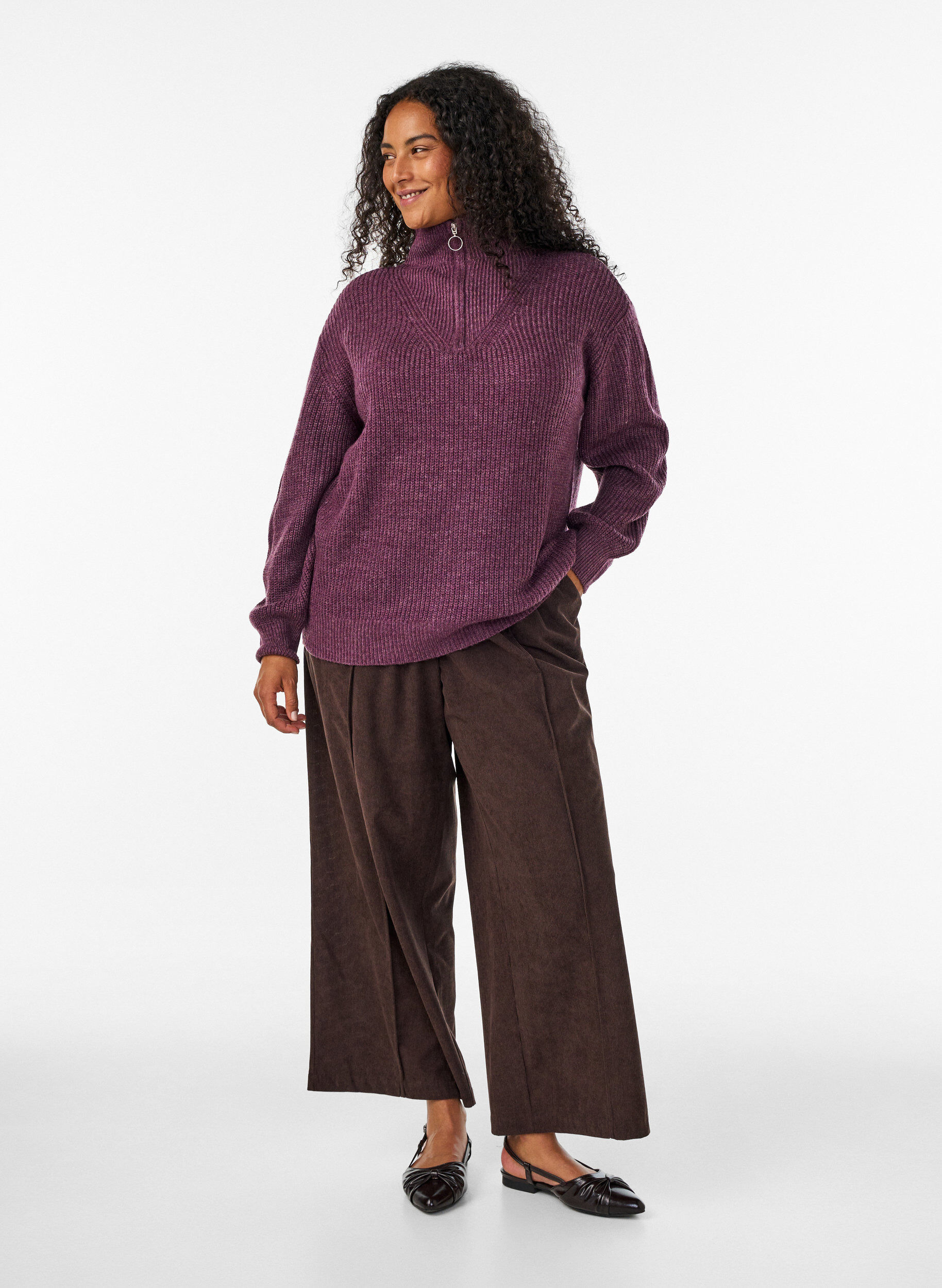 ZizzifashionKnitted sweater with high neck and zipper, Purple, Model image number 1