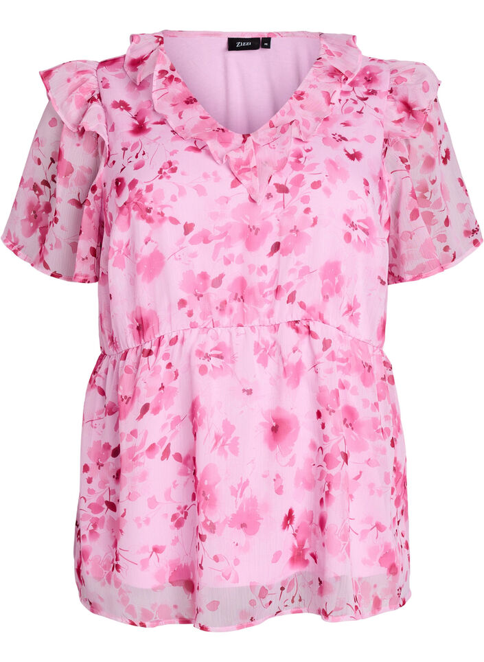 Floral blouse with a frill collar and peplum effect, Pink, Packshot image number 0