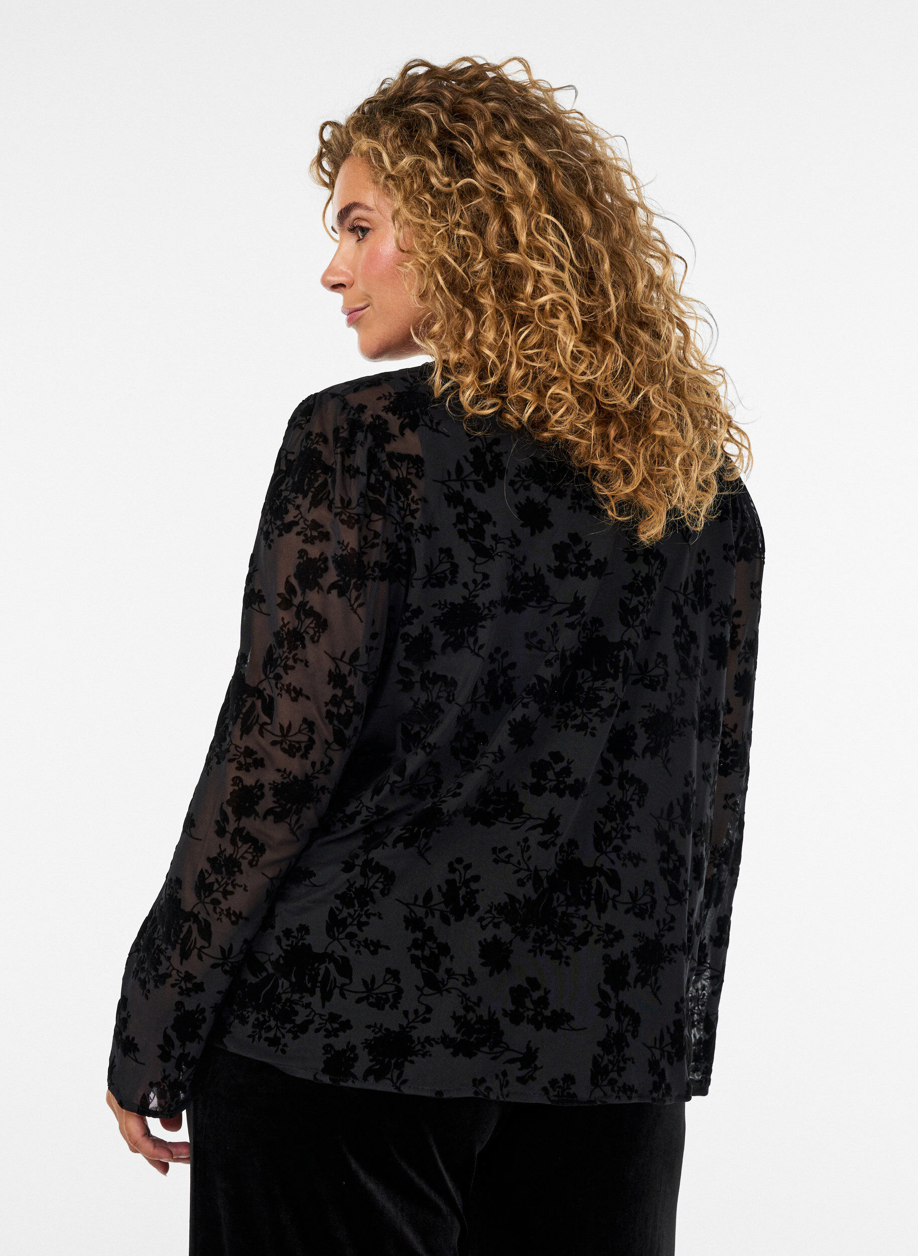 ZizzifashionMesh blouse with floral pattern and open front, Black, Model image number 2