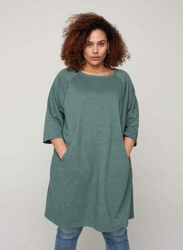 Sweater dress with 3/4-length sleeves and pockets, Balsam Green Mel, Model image number 0
