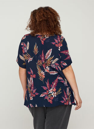 Short-sleeved viscose blouse with v-neck, Indien Summer Flower, Model image number 1