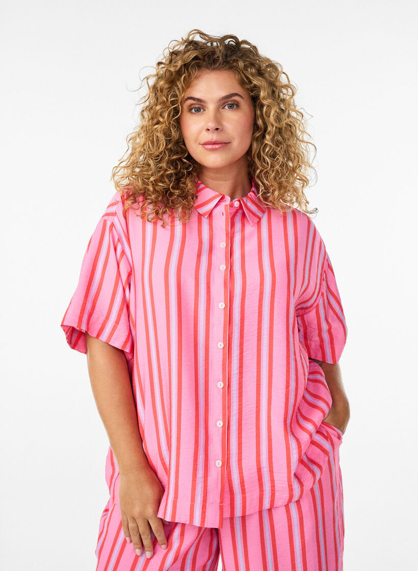 Striped viscose shirt with short sleeves, Pink, Model image number 0