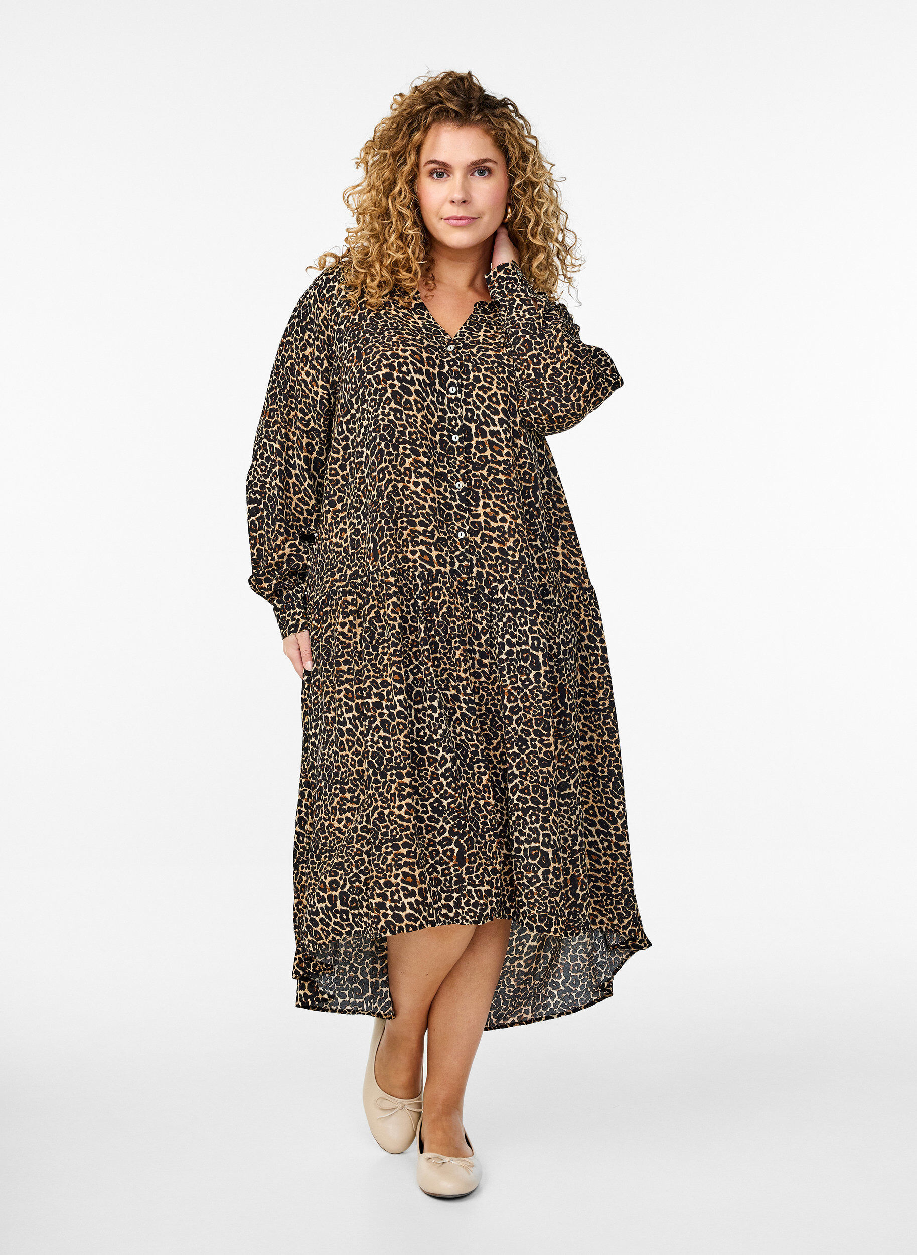Zizzifashion Printed viscose midi dress with long sleeves, Brown, Model image number 0