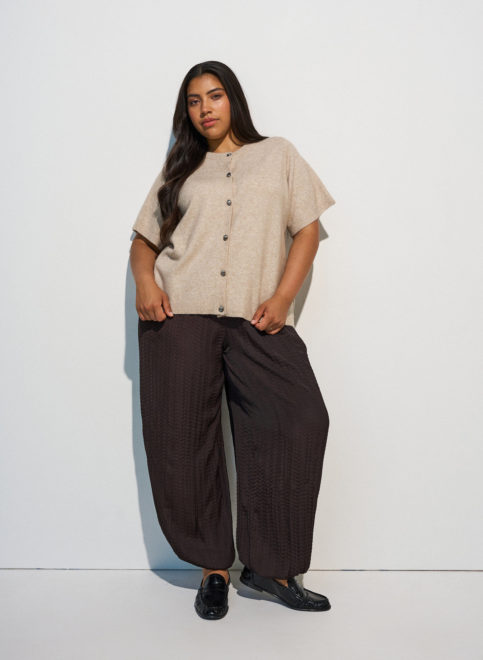 ZizzifashionKnit cardigan with short sleeves, Beige, Model image number 1