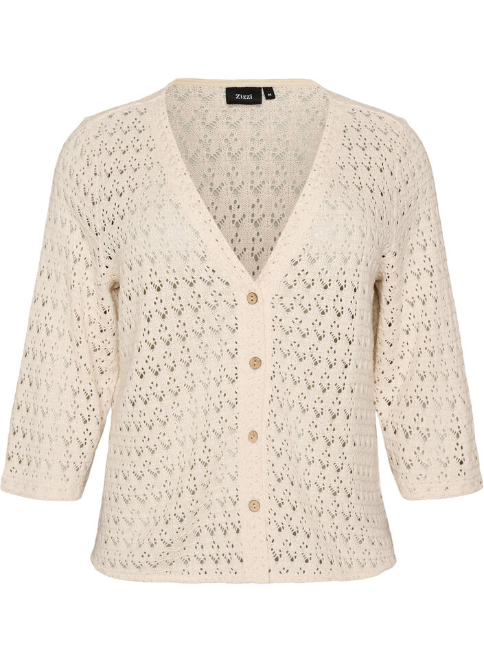 Knitted cardigan with eyelet embroidery and a V-neck, Beige, Packshot image number 0