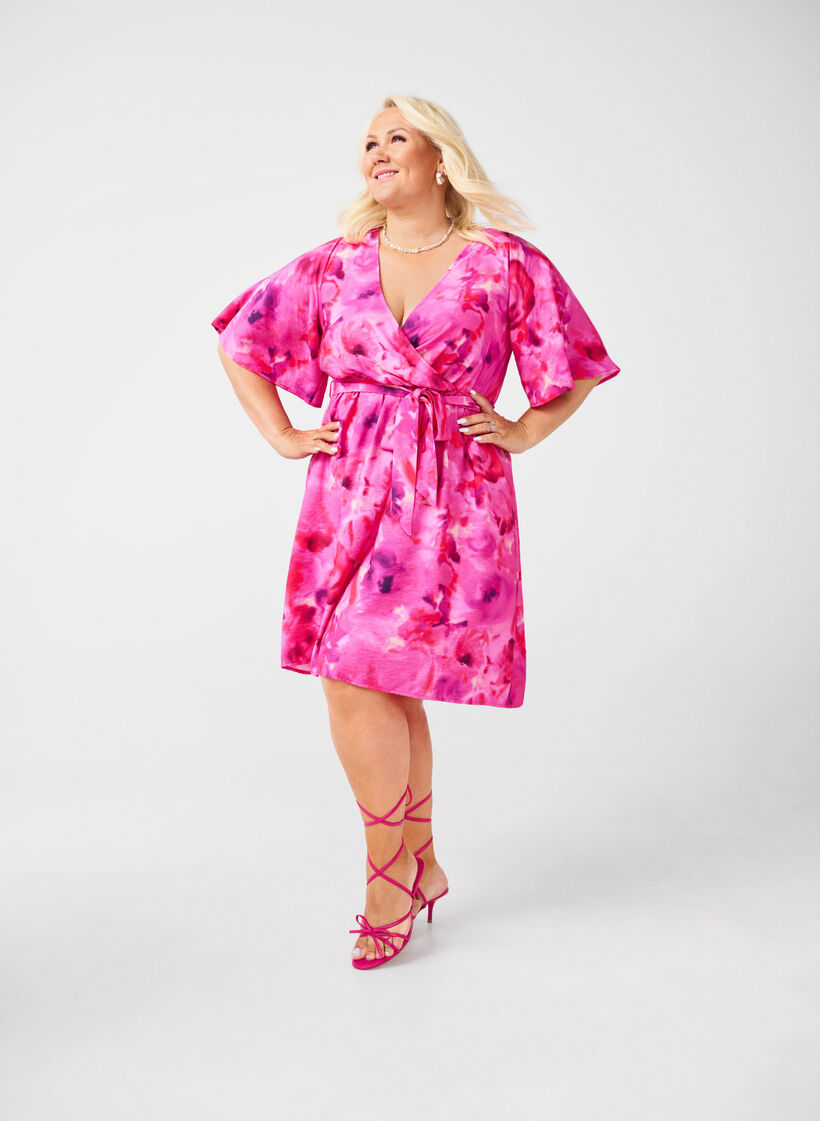 Knee-length dress with floral print and wrap look, Pink Rose AOP, Image image number 0