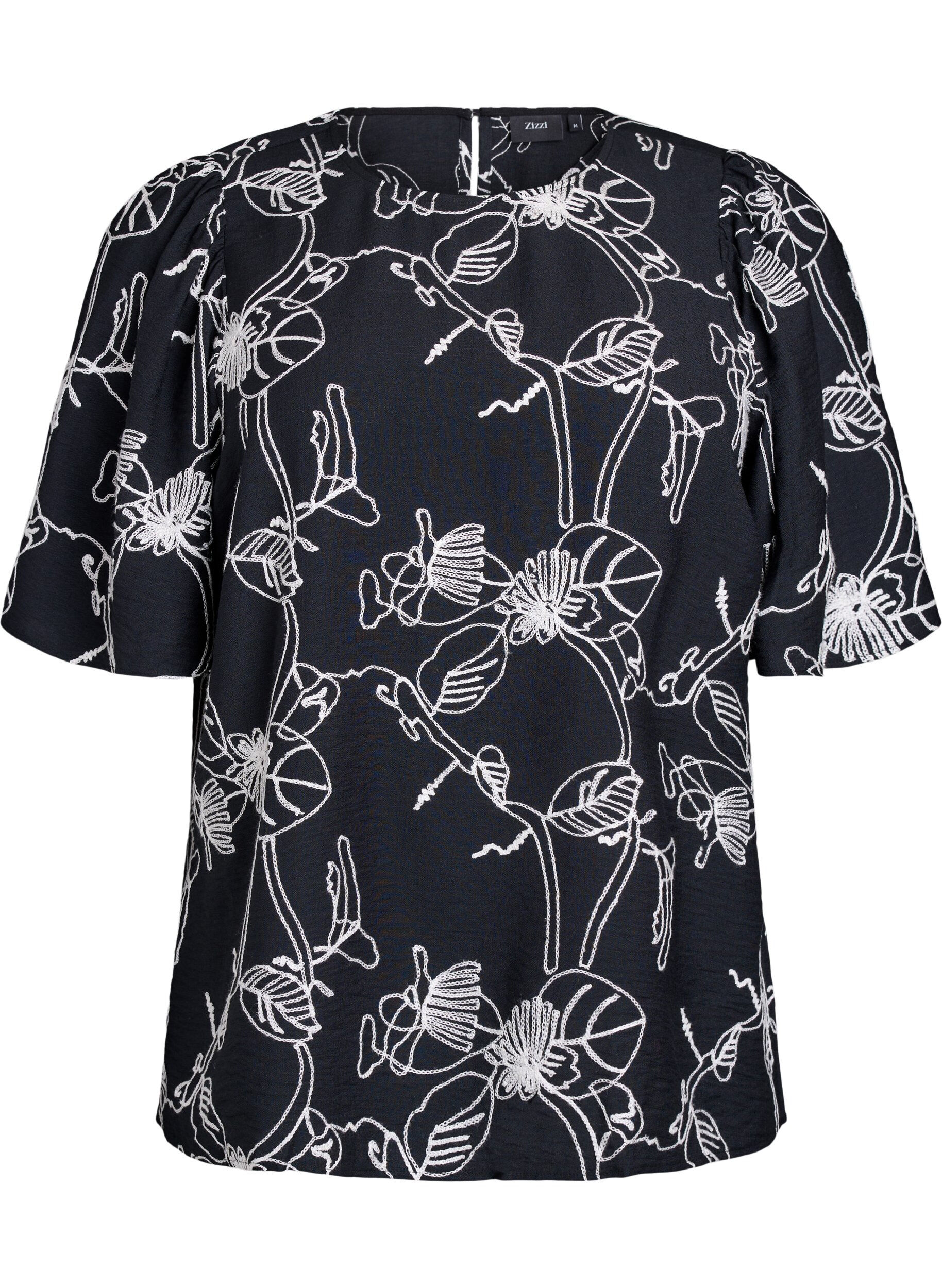 Zizzifashion Short-sleeved blouse with embroidered pattern, Black, Packshot image number 0