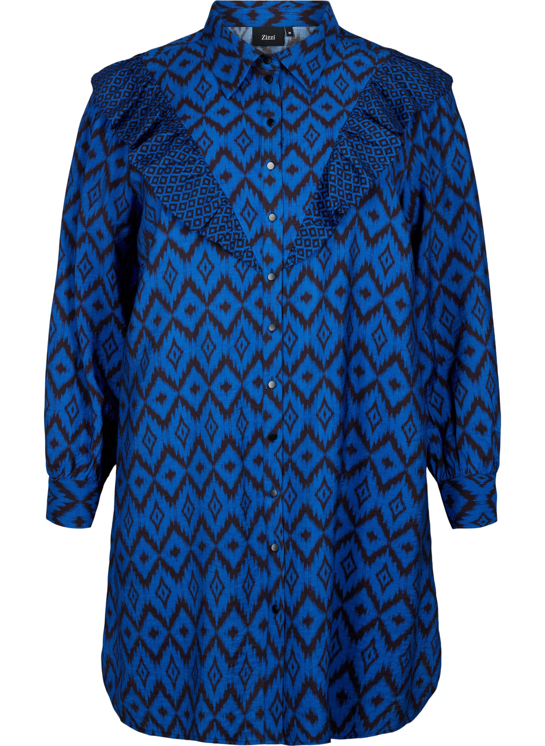 Zizzifashion Long viscose shirt with print and frills, True blue w. Black, Packshot image number 0