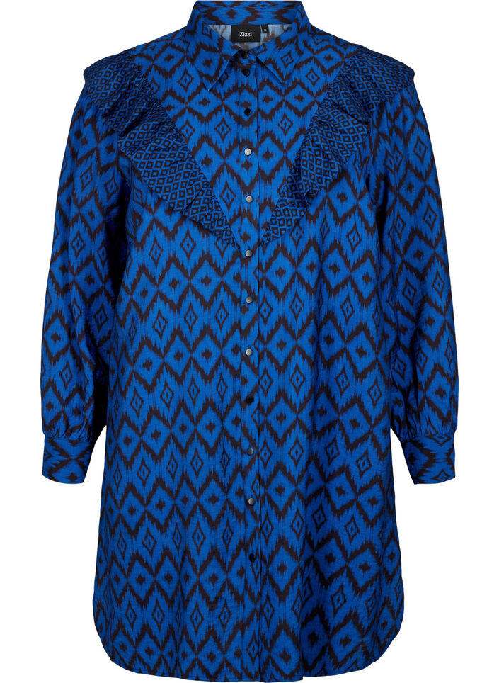 Long viscose shirt with print and frills, True blue w. Black, Packshot image number 0