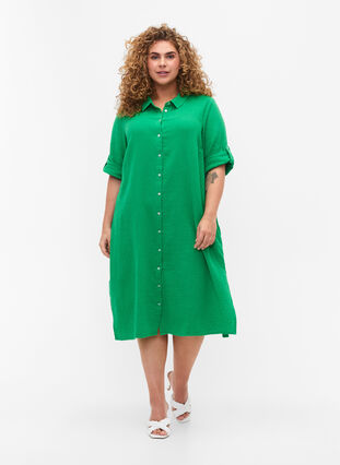 Cotton shirt dress with short sleeves, Bright Green, Model image number 2