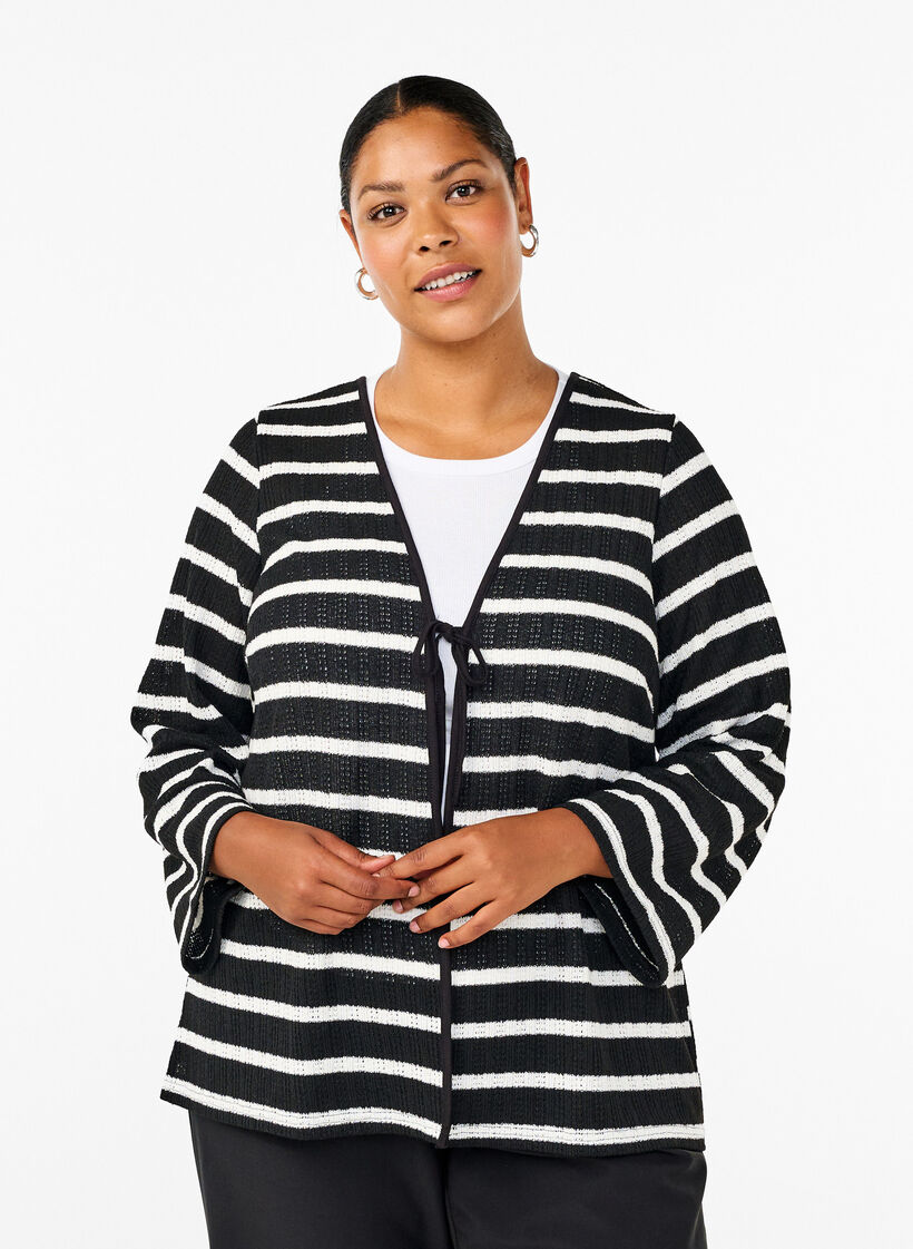 Cardigan with ties, Black White stripe, Model image number 0