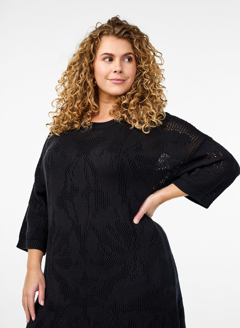 Knitted dress with openwork pattern and 3/4 sleeves, Black, Model image number 2