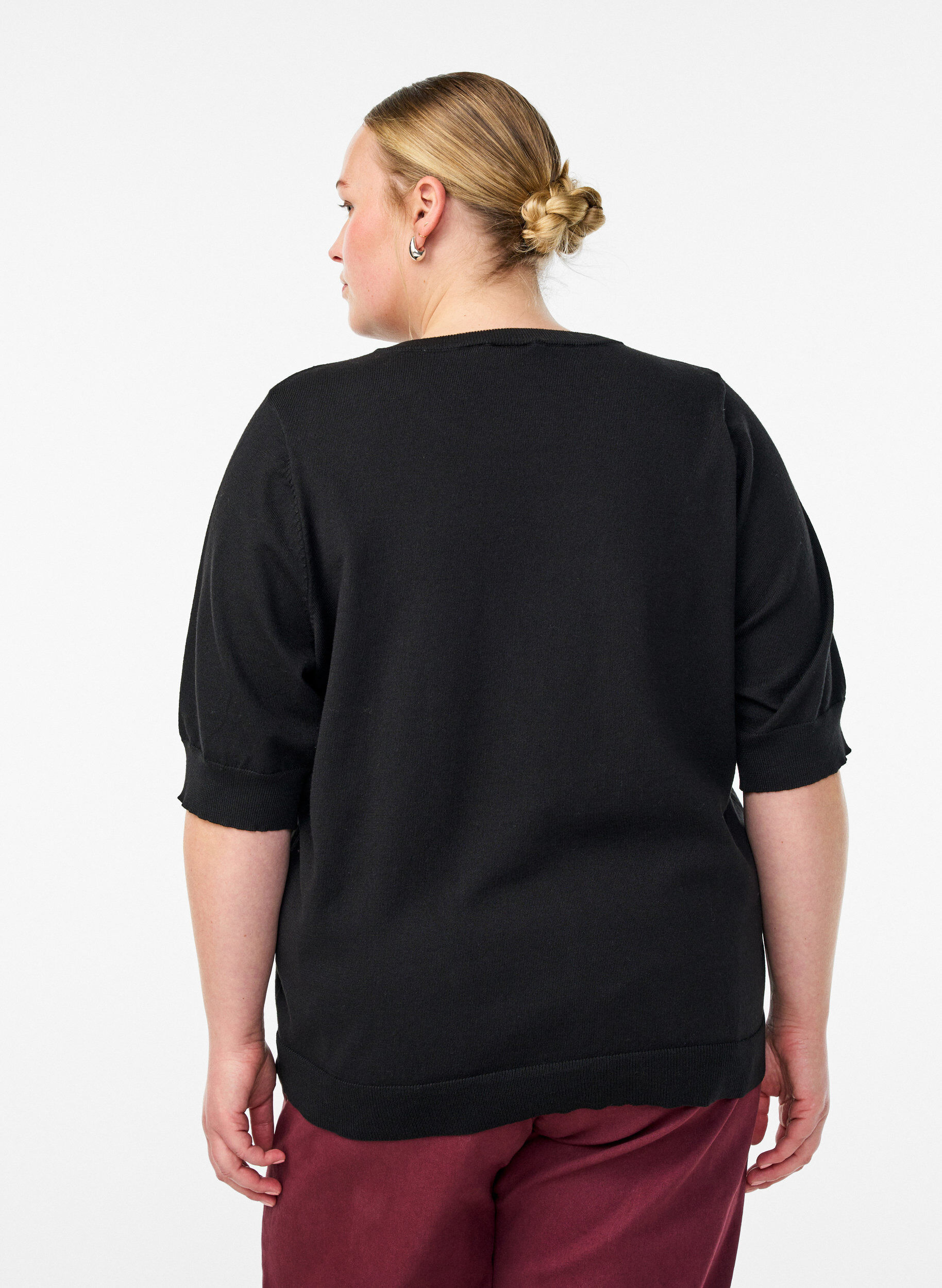 ZizzifashionFine-knit blouse with short sleeves, Black, Model image number 2