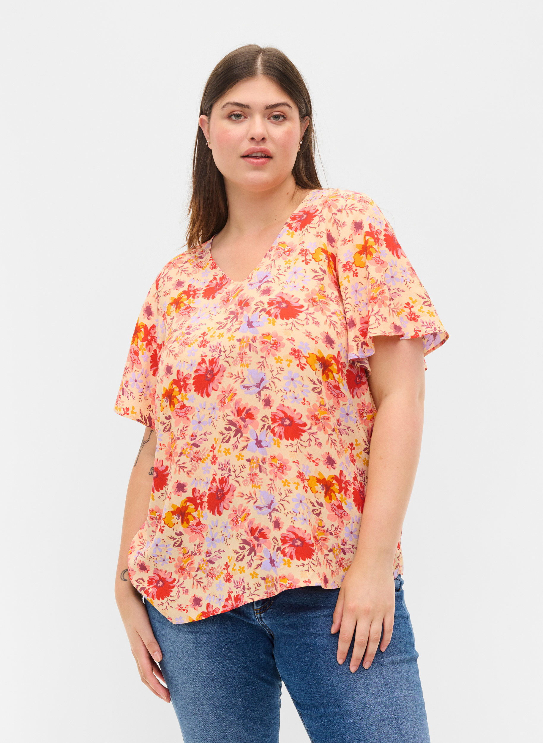 Zizzifashion Short sleeved viscose blouse with floral print, Red Orange AOP, Model image number 0