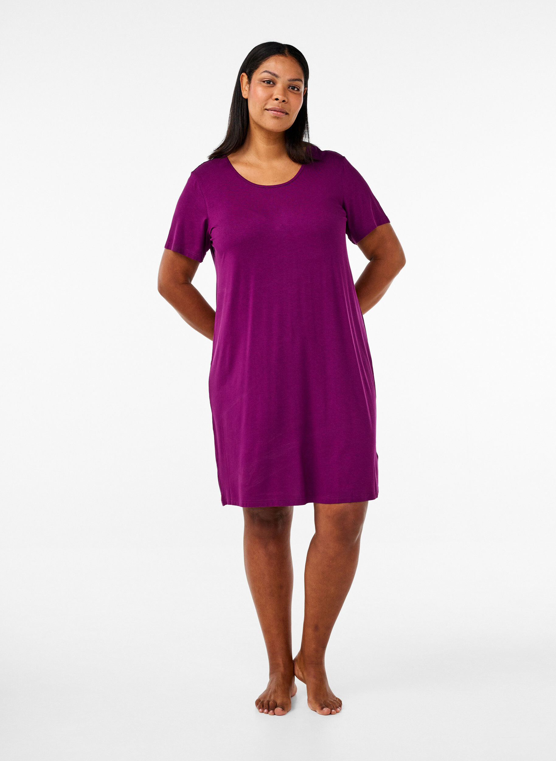 Zizzifashion Short sleeve viscose nightgown with back detail, Purple, Model image number 1