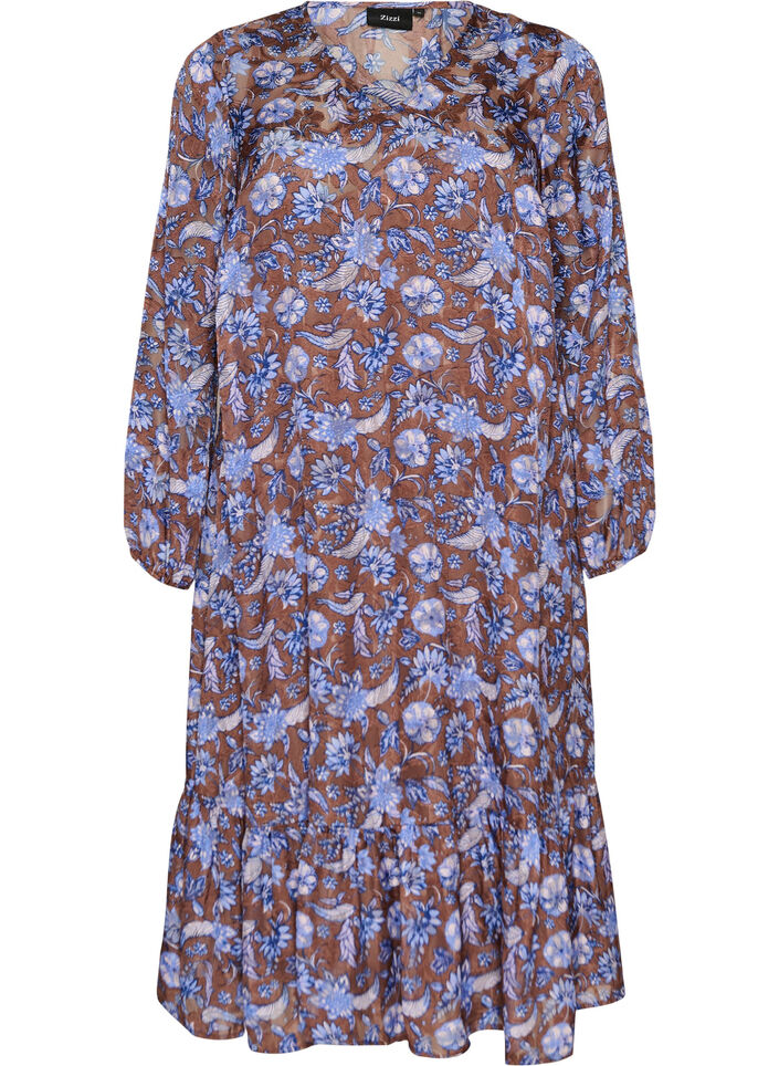 Midi dress with floral print and ruffle hem, Brown, Packshot image number 0