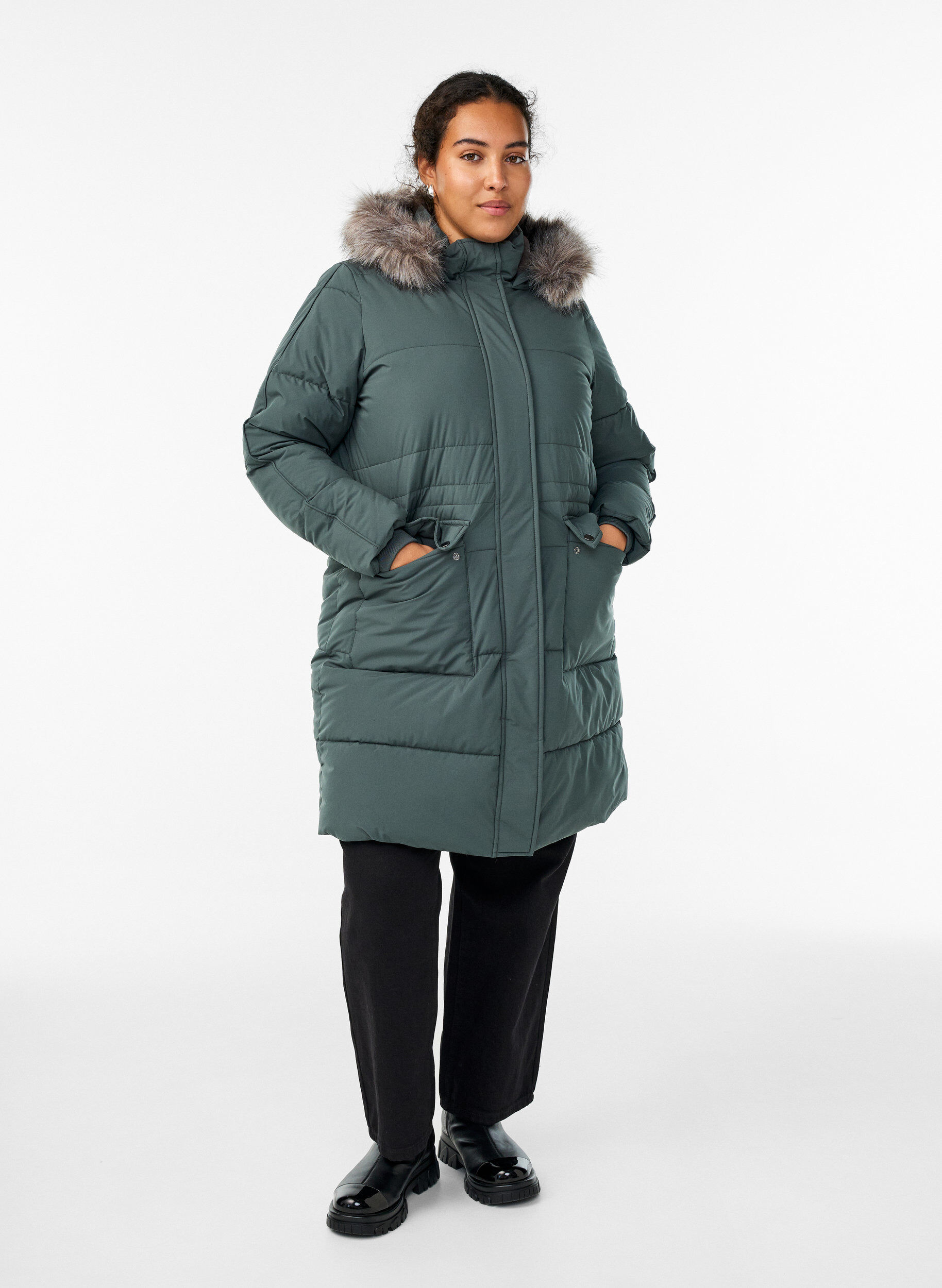Zizzifashion Water-repellent parka with faux fur Collar, Green, Model image number 1