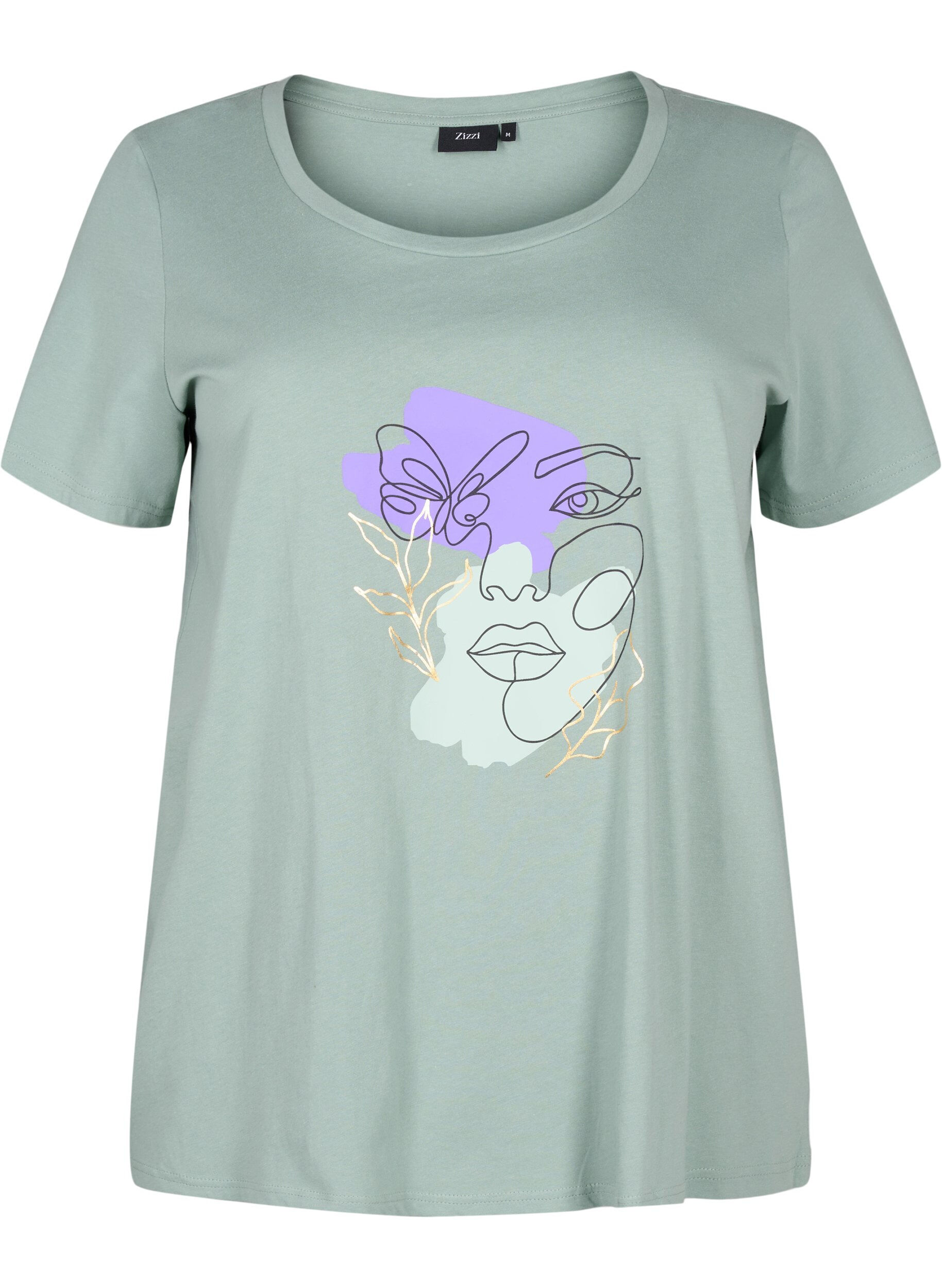 Zizzifashion Cotton T-shirt with a motif, Ch. Green w. Face, Packshot image number 0