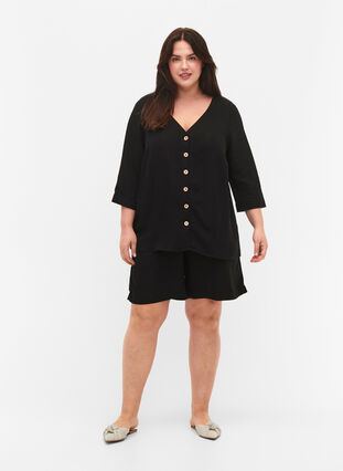 Viscose blouse with buttons and v-neck, Black, Model image number 2